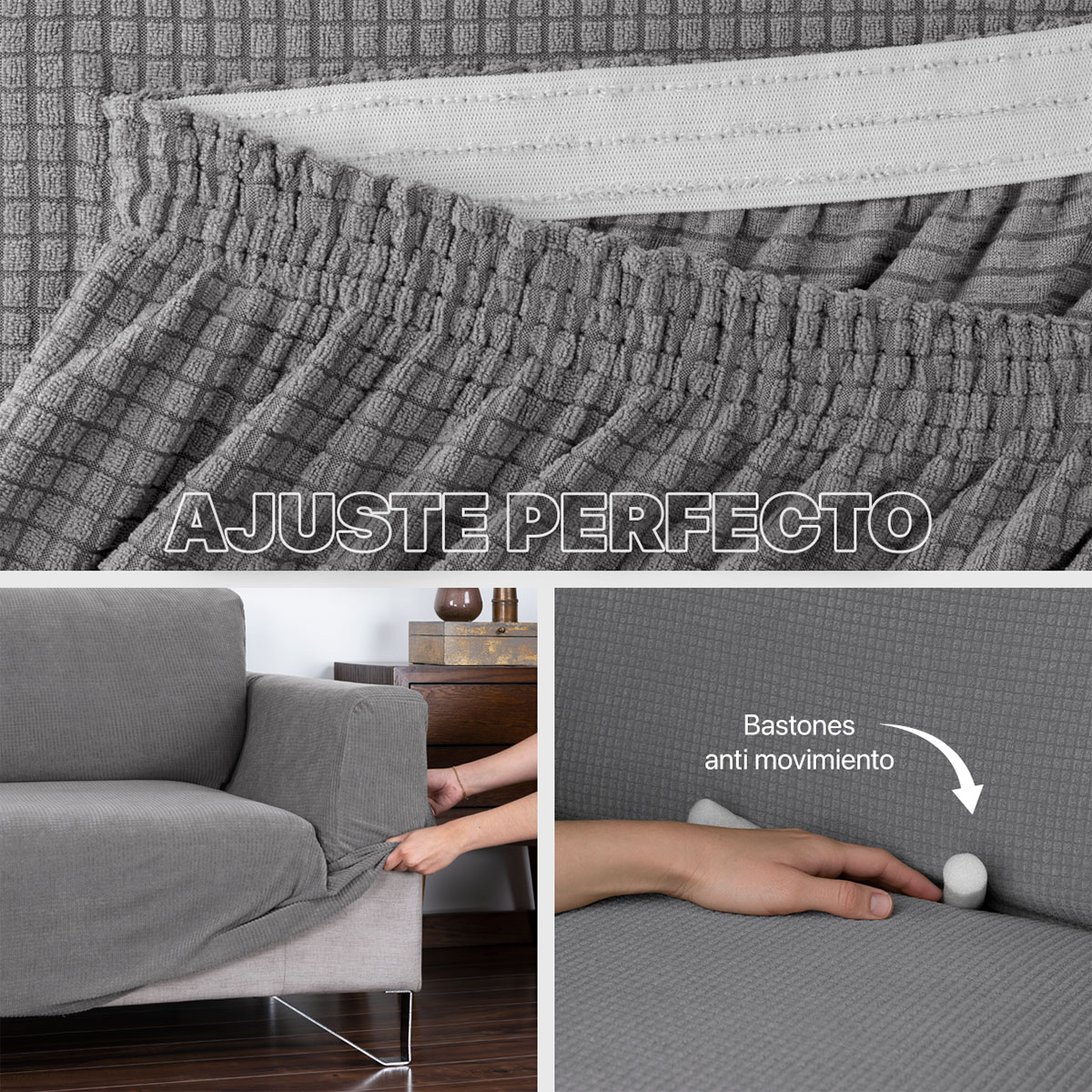 Protector De Sala Elástico 3 Piezas ( Ch- M- G) Gris REAL TEXTIL.