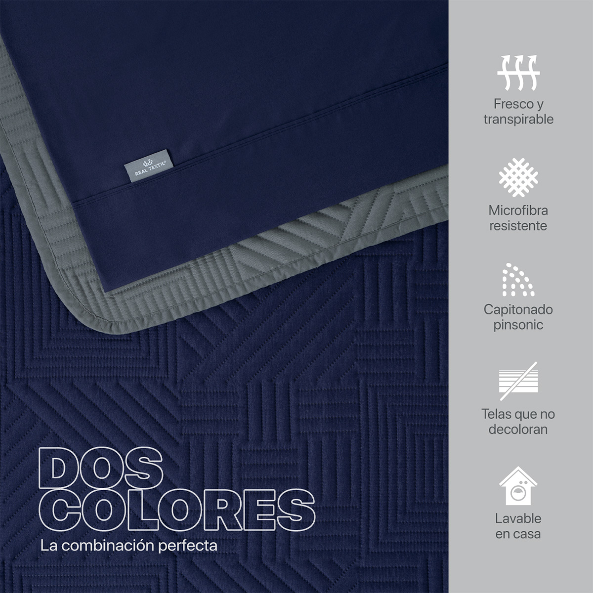 Set Edredón Ligero Individual con Fundas y Sabanas Azul Marino - Gris REAL TEXTIL.