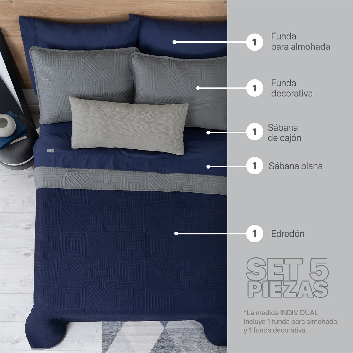 Set Edredón Ligero Individual con Fundas y Sabanas Azul Marino - Gris REAL TEXTIL.