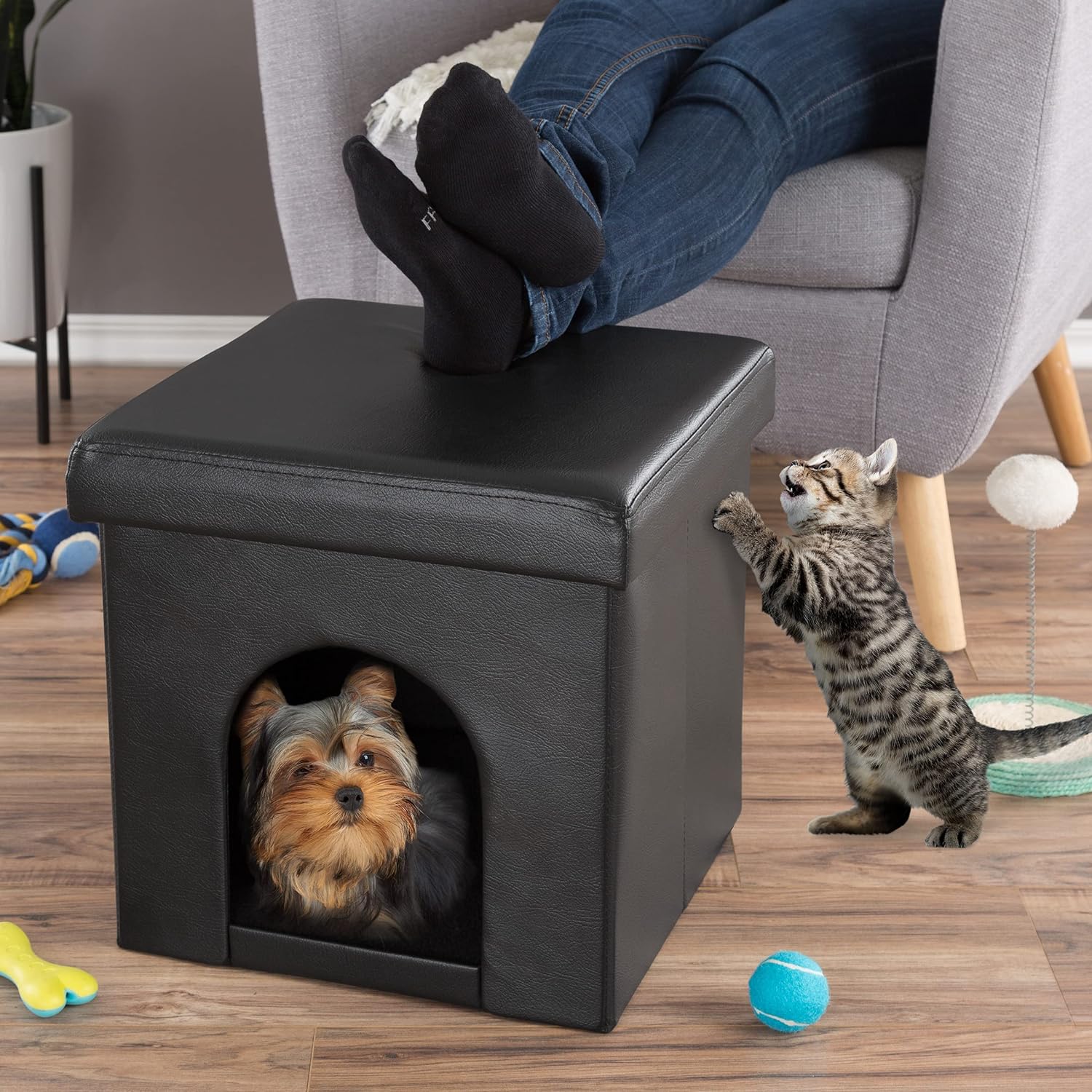 Casa Plegable Para Gatos O Perros con diseño Otomano (PU Negro)