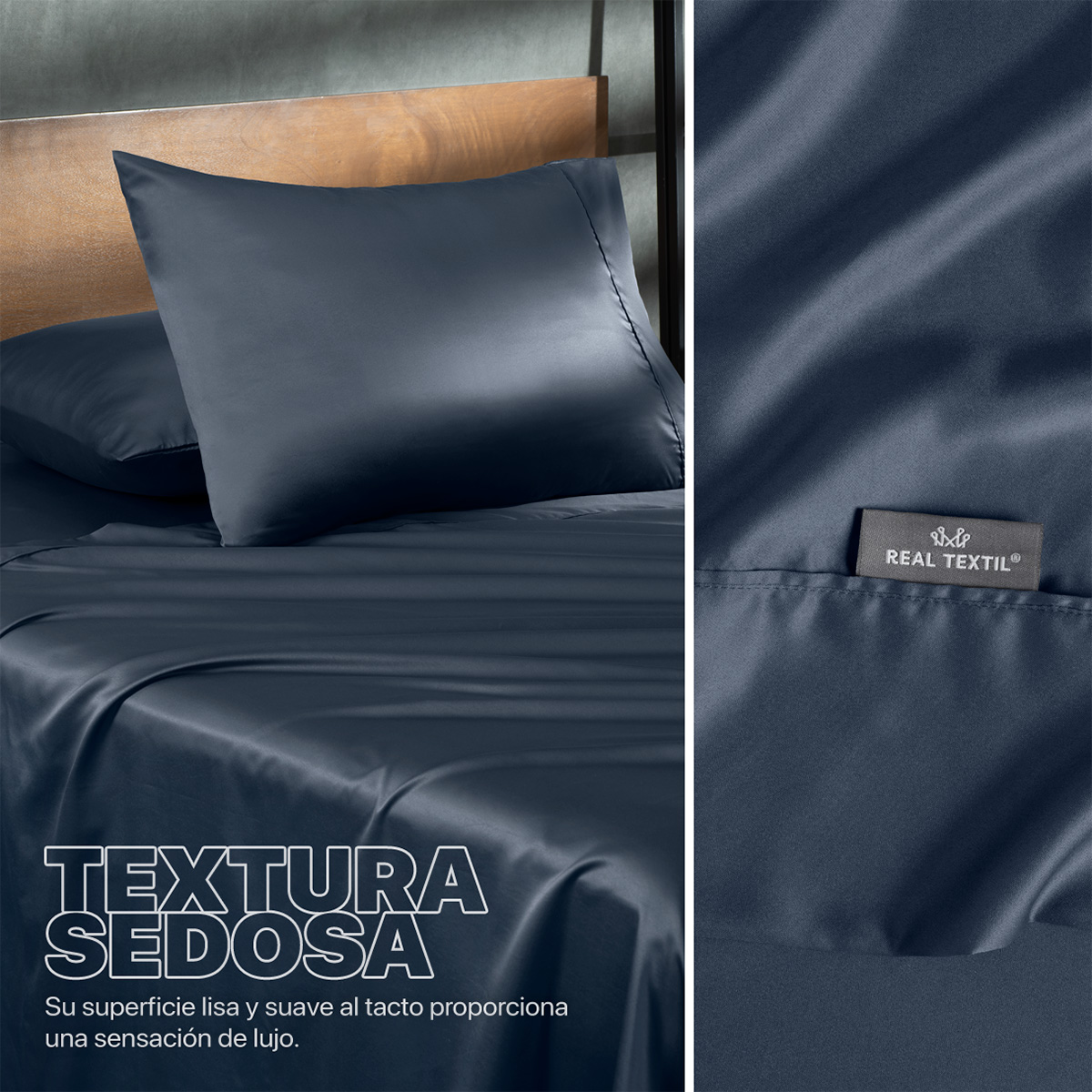 Sábanas de Satín Matrimonial Tipo Seda Suave y Lujosa Con Fundas Azul Naval Real Textil.