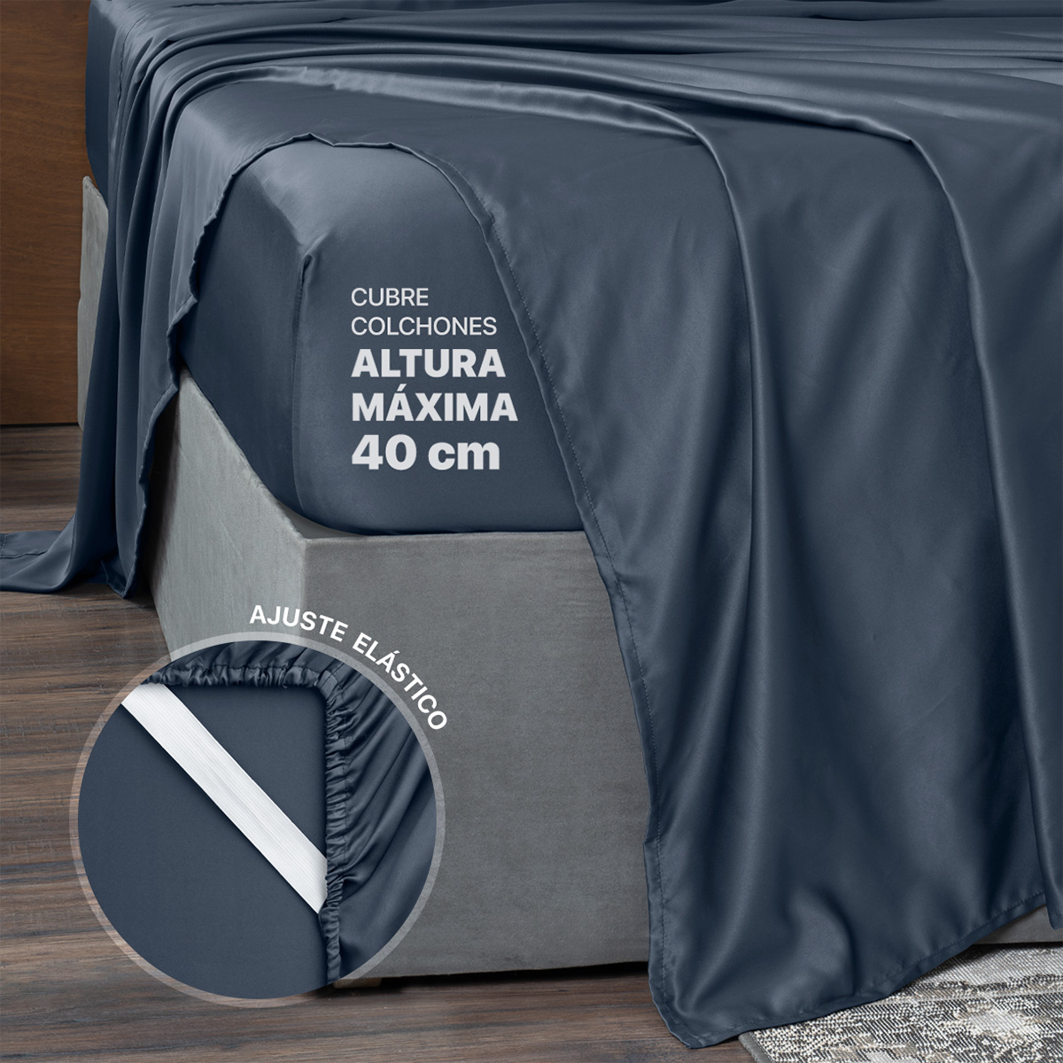 Sábanas de Satín Matrimonial Tipo Seda Suave y Lujosa Con Fundas Azul Naval Real Textil.