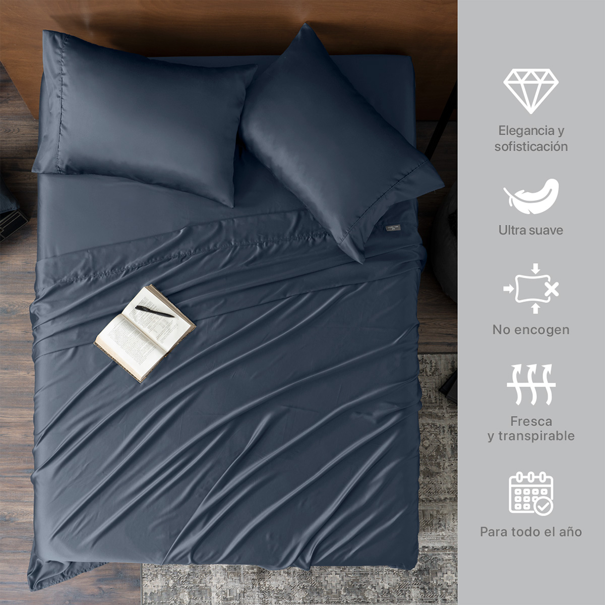 Sábanas de Satín Matrimonial Tipo Seda Suave y Lujosa Con Fundas Azul Naval Real Textil.