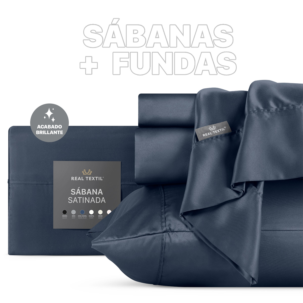 Sábanas de Satín Matrimonial Tipo Seda Suave y Lujosa Con Fundas Azul Naval Real Textil.