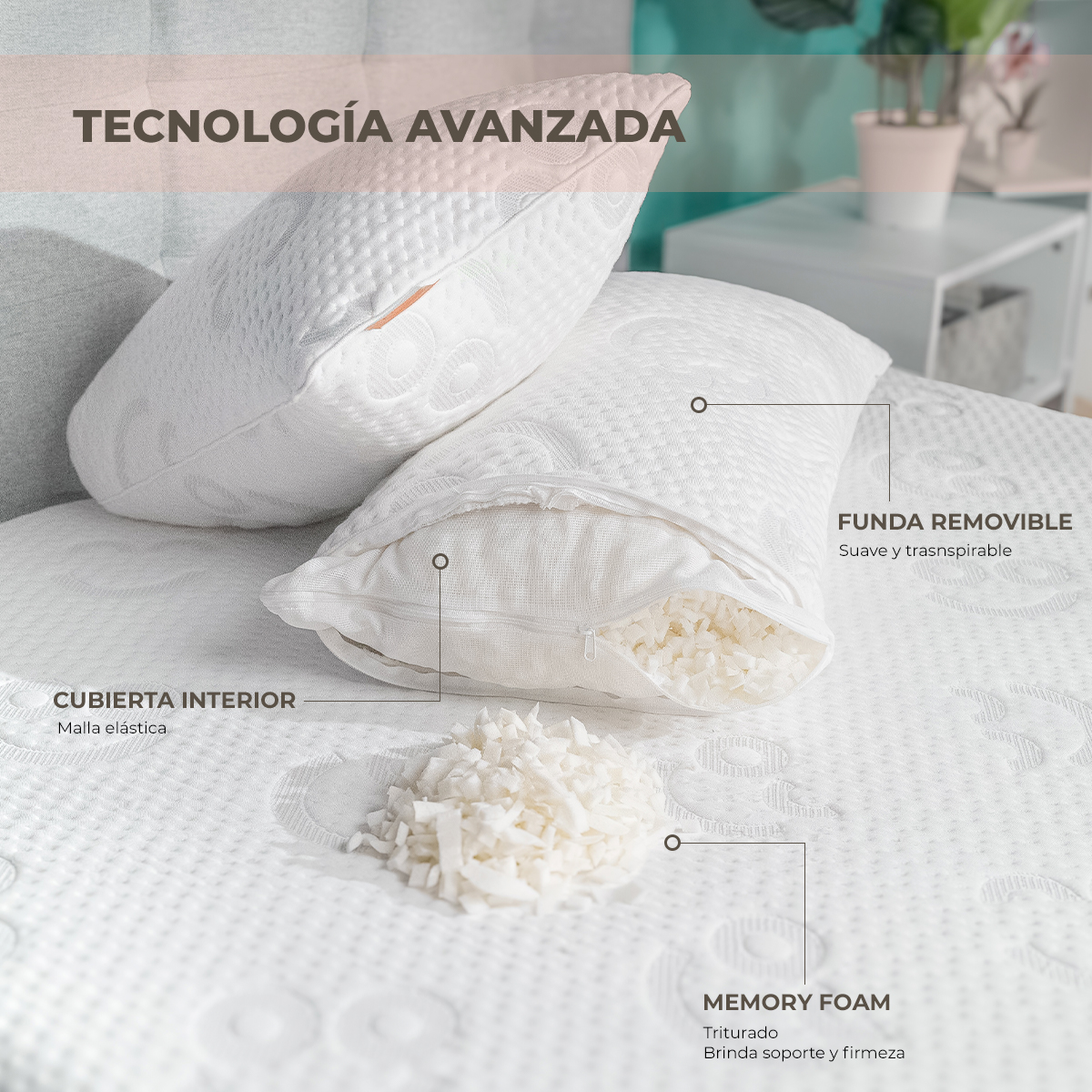 Almohada de Memory Foam Ajustable Roomi Pack 4 Piezas.