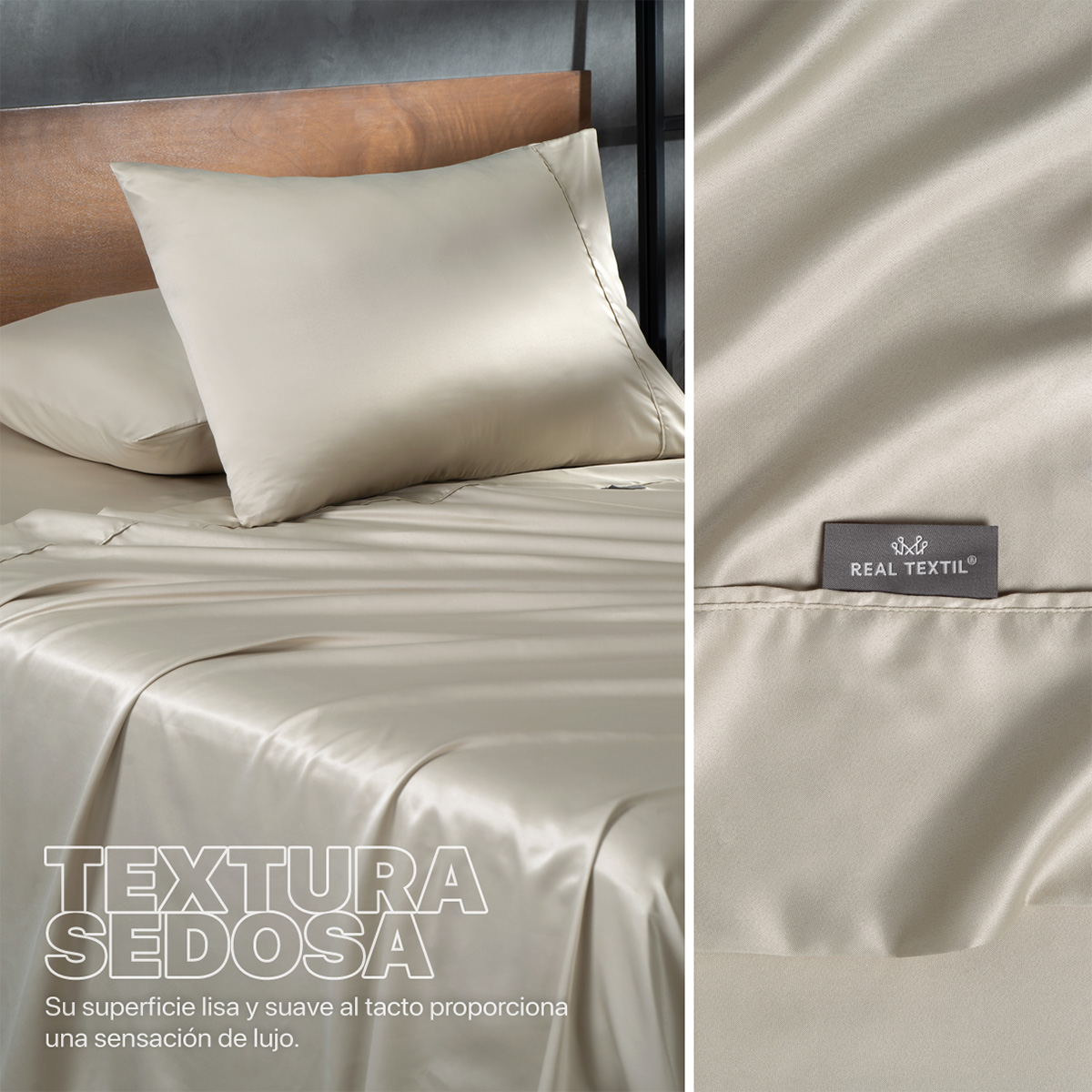 Sábanas de Satín Queen Size Tipo Seda Suave y Lujosa Con Fundas Beige Real Textil.