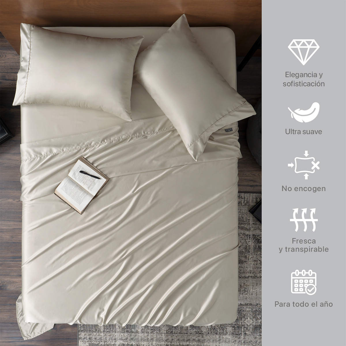 Sábanas de Satín Queen Size Tipo Seda Suave y Lujosa Con Fundas Beige Real Textil.