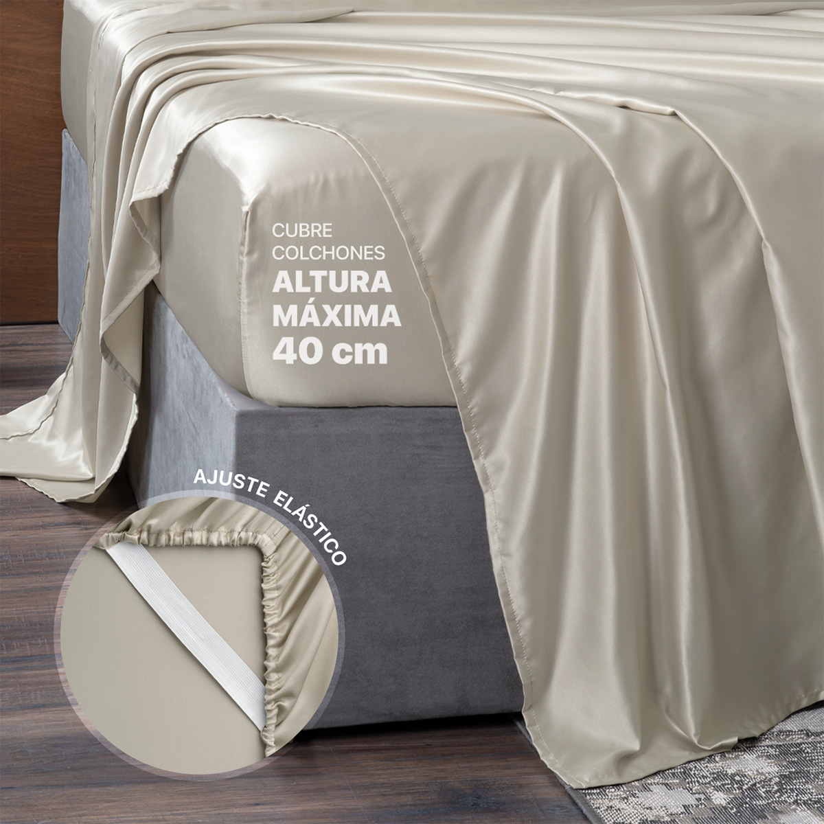 Sábanas de Satín Queen Size Tipo Seda Suave y Lujosa Con Fundas Beige Real Textil.