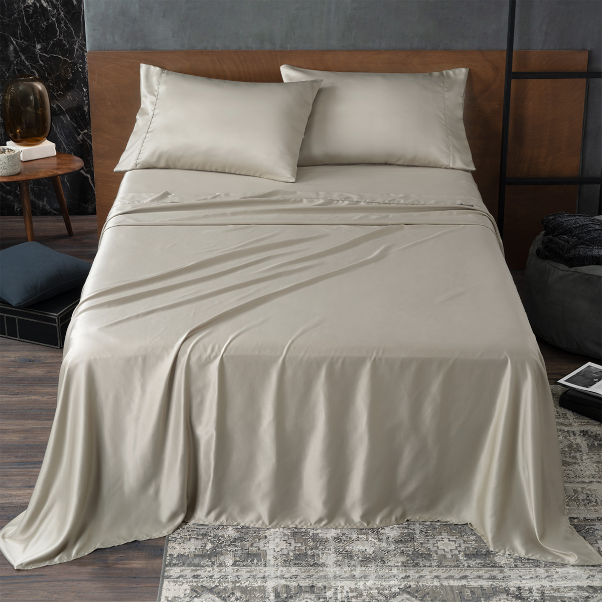Sábanas de Satín Queen Size Tipo Seda Suave y Lujosa Con Fundas Beige Real Textil.