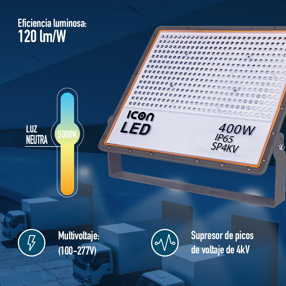 Reflector LED de Alta Potencia 400W Ilumina 48000lm, Luz Neutra, Certificación IP65 para Interiores y Exteriores