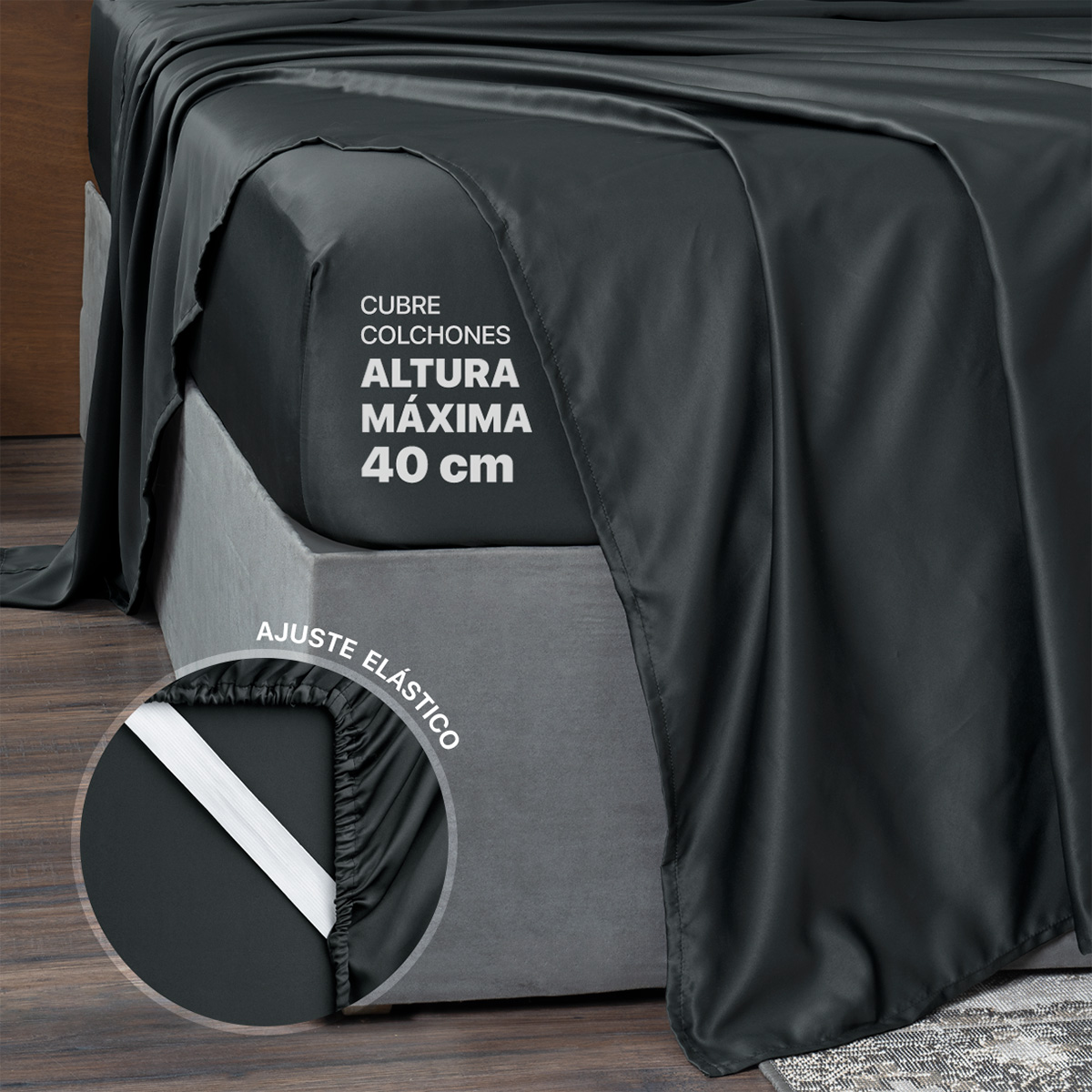 Sábanas de Satín King Size Tipo Seda Suave y Lujosa Con Fundas Negra Real Textil.