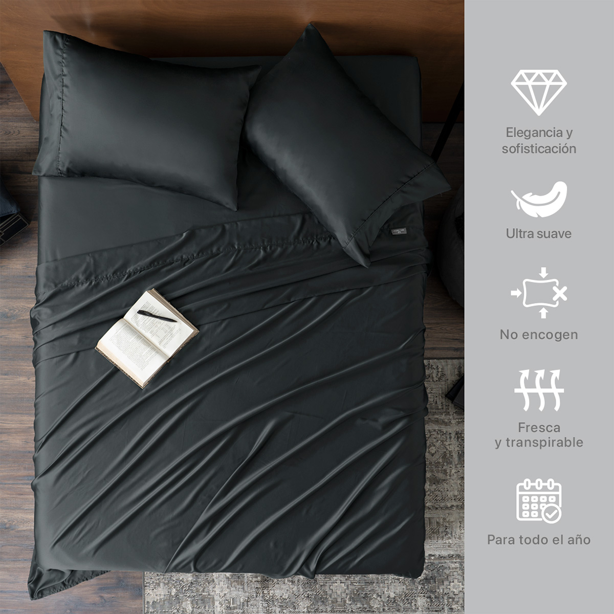 Sábanas de Satín King Size Tipo Seda Suave y Lujosa Con Fundas Negra Real Textil.