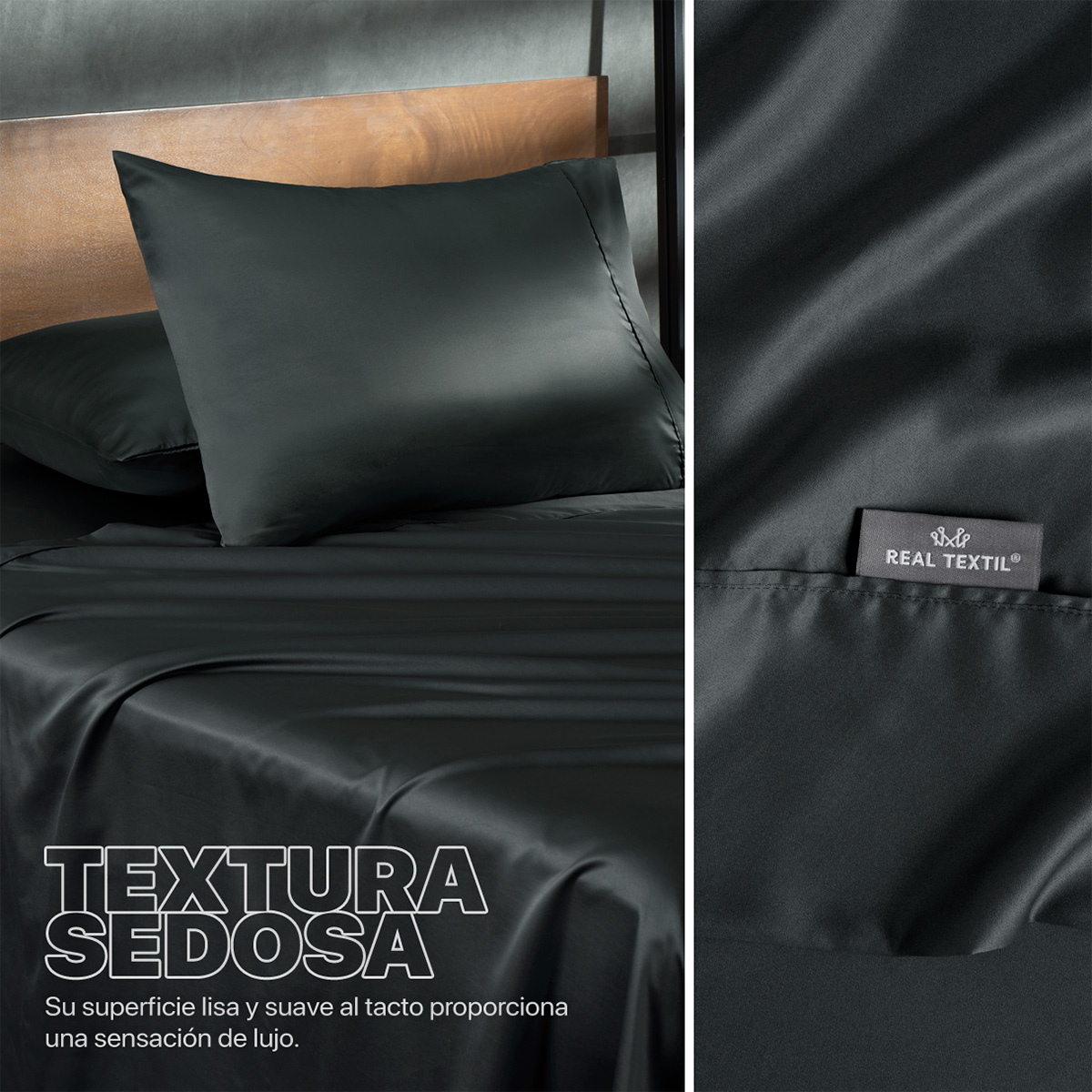 Sábanas de Satín King Size Tipo Seda Suave y Lujosa Con Fundas Negra Real Textil.