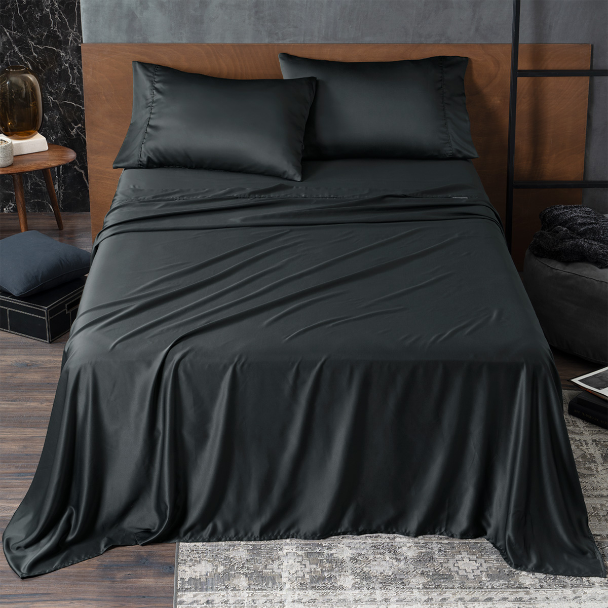 Sábanas de Satín King Size Tipo Seda Suave y Lujosa Con Fundas Negra Real Textil.