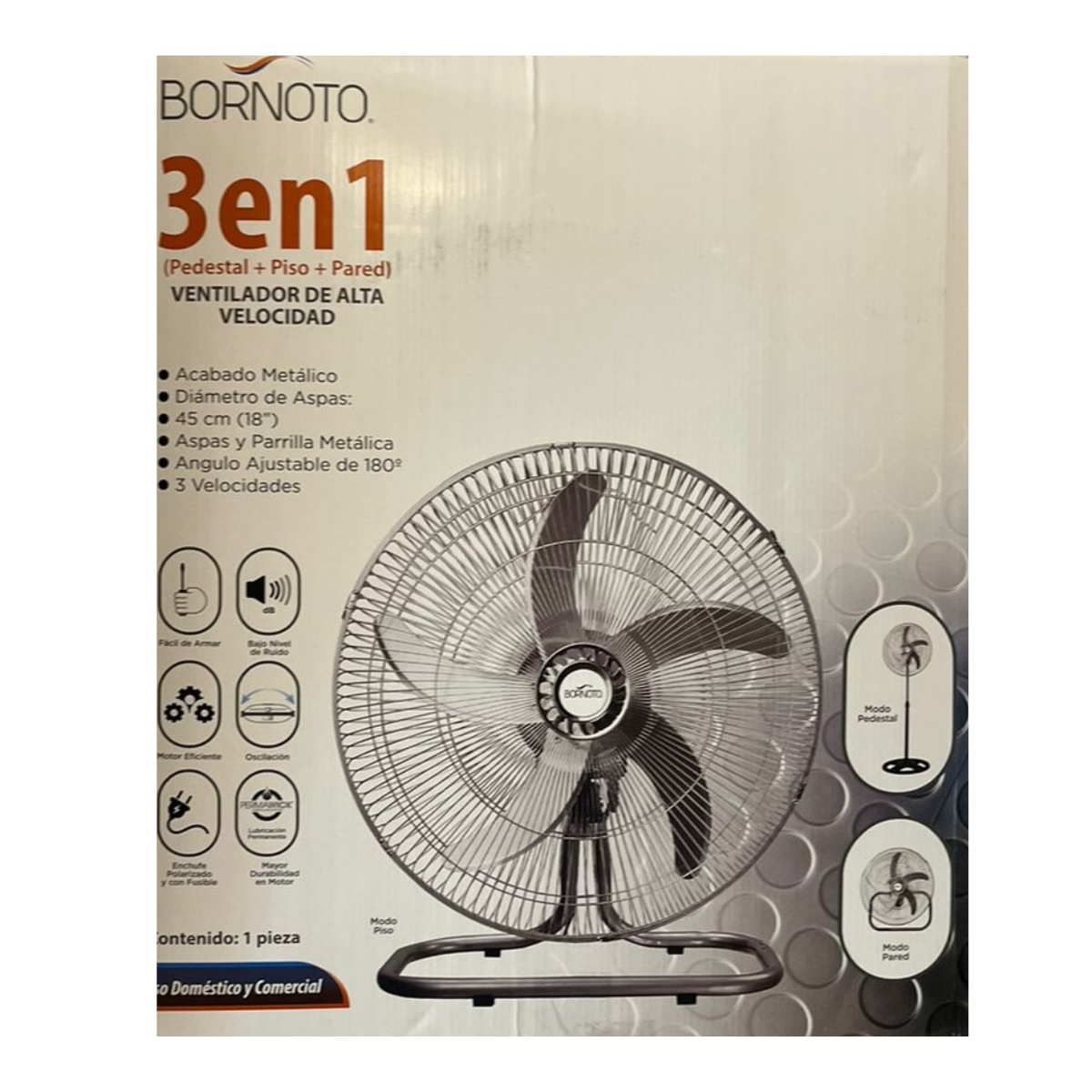 Ventilador 3 en 1 Bornoto 18" 3 Velocidades Metálico - Gris.