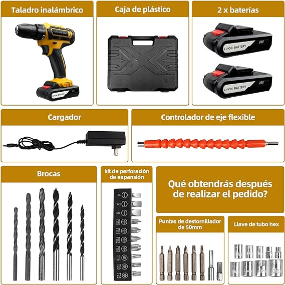 Taladro Atornillador A Batería 21V – Juego Completo Con 2 Baterías Y Cargador – Potencia Y Autonomía