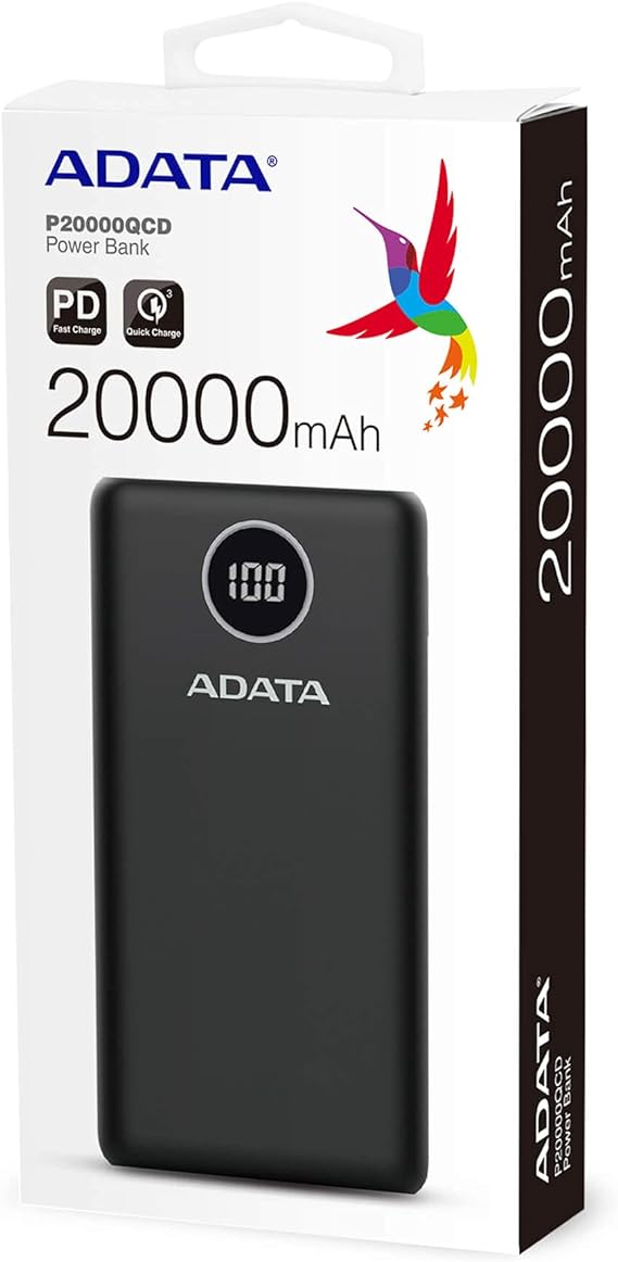 ADATA Powerbank Batería Portátil Recargable P20000QCD Power Bank de 20,000 mAh (74Wh), Color Negro (AP20000QCD-DGT-CBK), Tecnologías de Carga Rápida Qualcomm QC 3.0  USB PD 3.0.