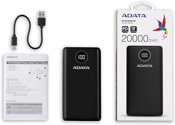 ADATA Powerbank Batería Portátil Recargable P20000QCD Power Bank de 20,000 mAh (74Wh), Color Negro (AP20000QCD-DGT-CBK), Tecnologías de Carga Rápida Qualcomm QC 3.0  USB PD 3.0.