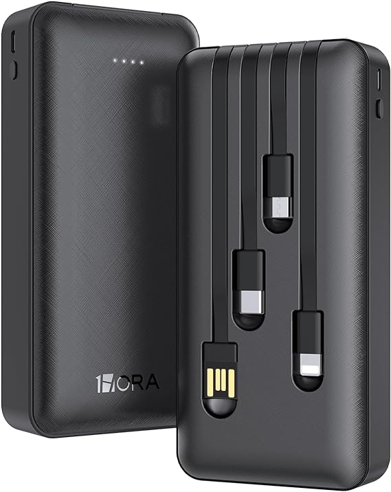 1 Hora Power Bank 20000mAh, Banco de Energía Batería Portátil con 4Cables Incorporados USB, Tipo C, Micro USB Pila Portatil Compatible para IP, Samsung, Xiaomi, con un 20CM Cable Micro USB-Negro.