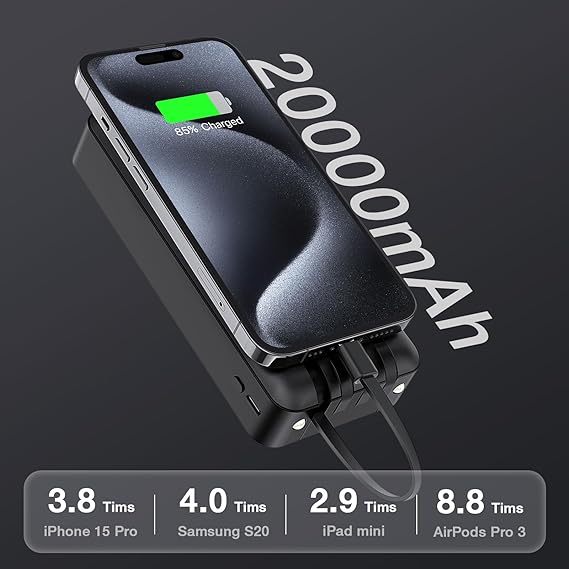1 Hora Power Bank 20000mAh, Banco de Energía Batería Portátil con 4Cables Incorporados USB, Tipo C, Micro USB Pila Portatil Compatible para IP, Samsung, Xiaomi, con un 20CM Cable Micro USB-Negro.
