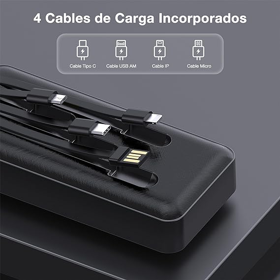 1 Hora Power Bank 20000mAh, Banco de Energía Batería Portátil con 4Cables Incorporados USB, Tipo C, Micro USB Pila Portatil Compatible para IP, Samsung, Xiaomi, con un 20CM Cable Micro USB-Negro.