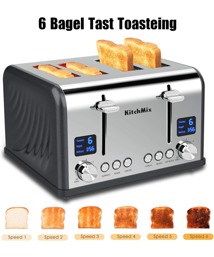 Tostador de 4 rebanadas pantalla doble ranura ancha bandeja de migas .