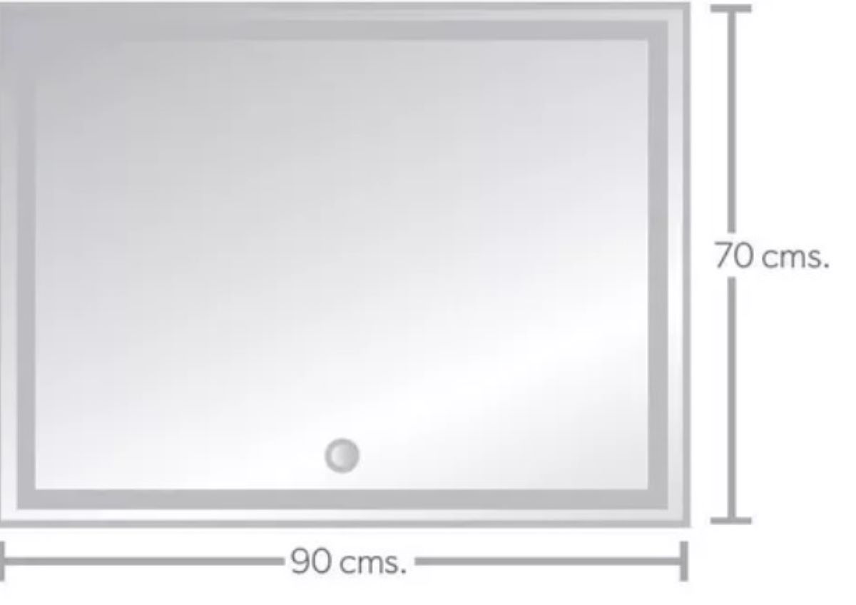 Espejo LED NUL con iluminación LED de 90 X 70 cms. (base por altura) con pantalla táctil (touch screen), forma rectangular. Conexión de clavija a luz eléctrica..