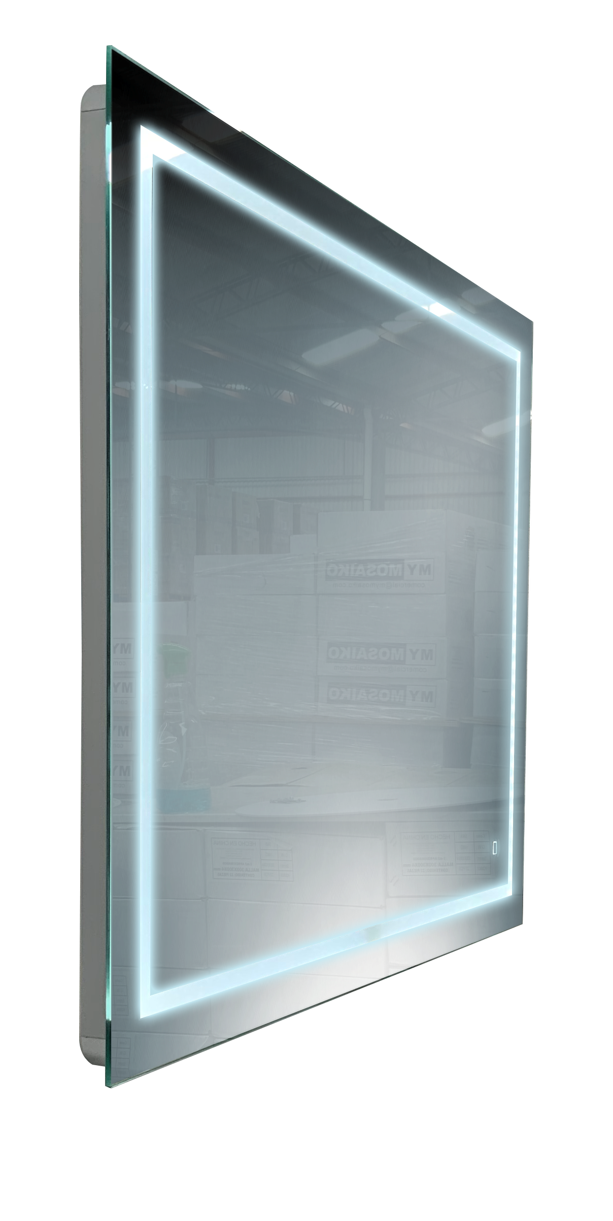 Espejo LED NUL con iluminación LED de 90 X 70 cms. (base por altura) con pantalla táctil (touch screen), forma rectangular. Conexión de clavija a luz eléctrica..