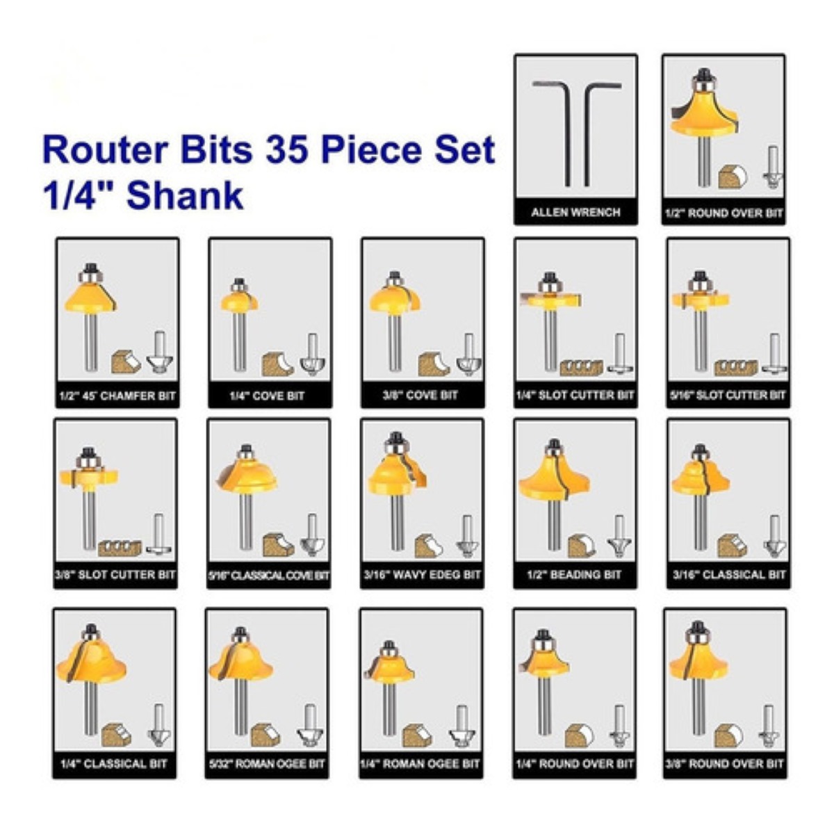 "35 Brocas Fresas 1/4 Para Router De Madera  Estuche Plata "