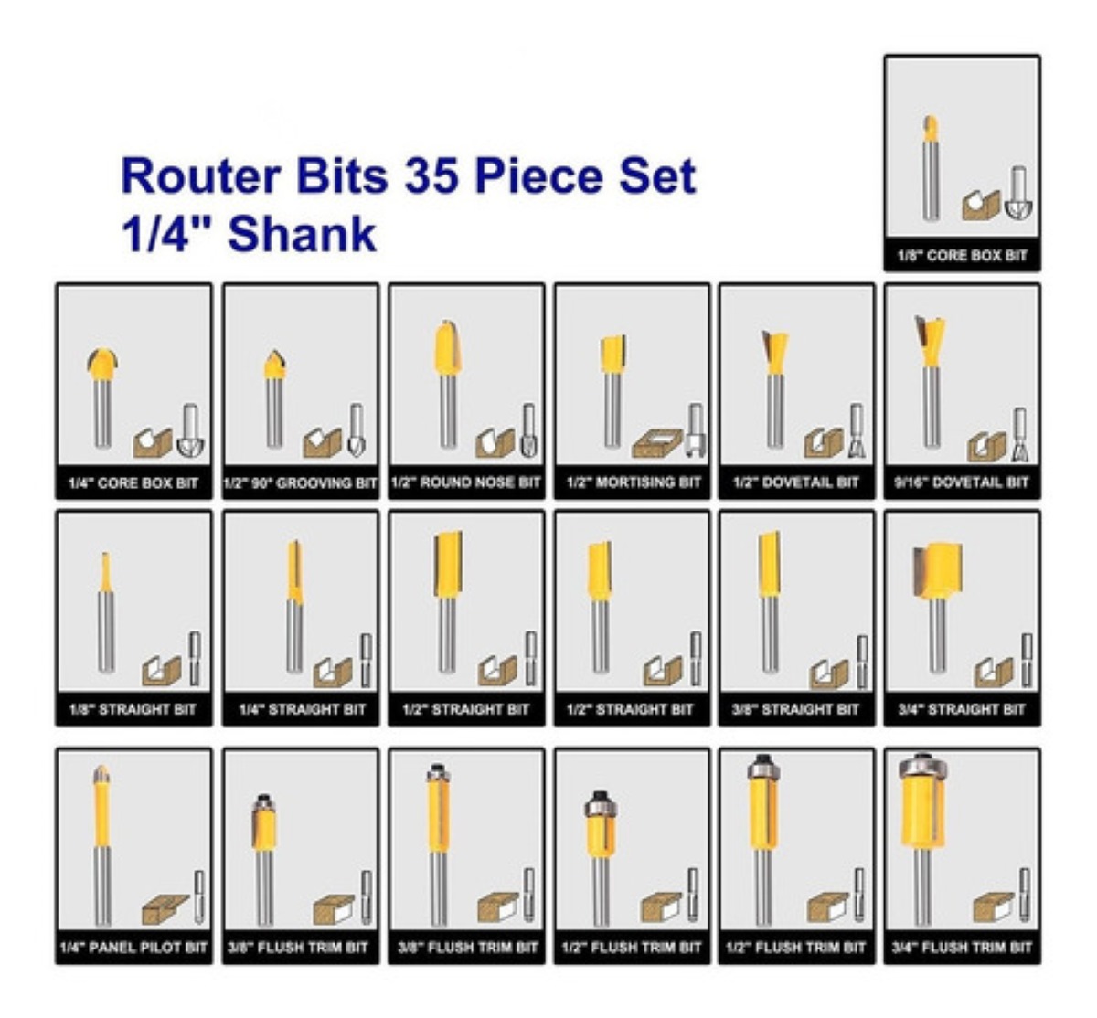 "35 Brocas Fresas 1/4 Para Router De Madera  Estuche Plata "