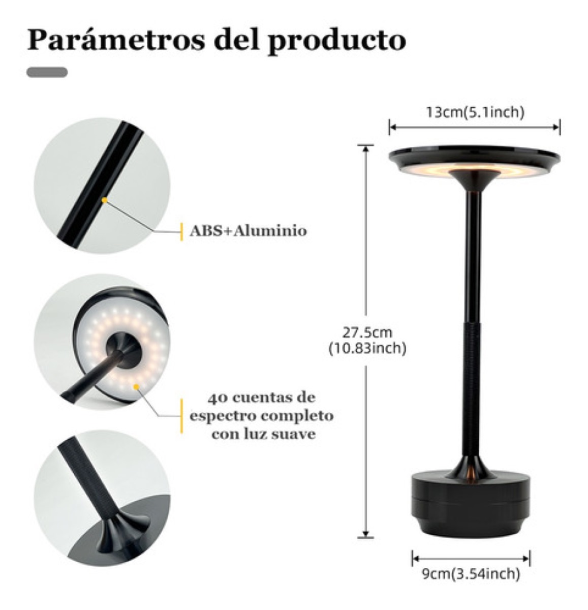 "Lámpara De Mesa De Barra Led De Escritorio Recargable Táctil negra "