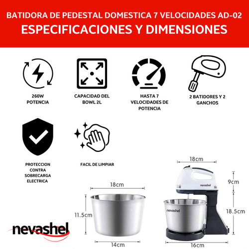 Batidora De Pedestal Profesional Cocina Potent 260w Nevashel Color Negro Frecuencia 60HZ