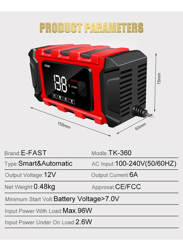 Cargador Inteligente Para Batería De Auto/moto De 12 V, 6 A