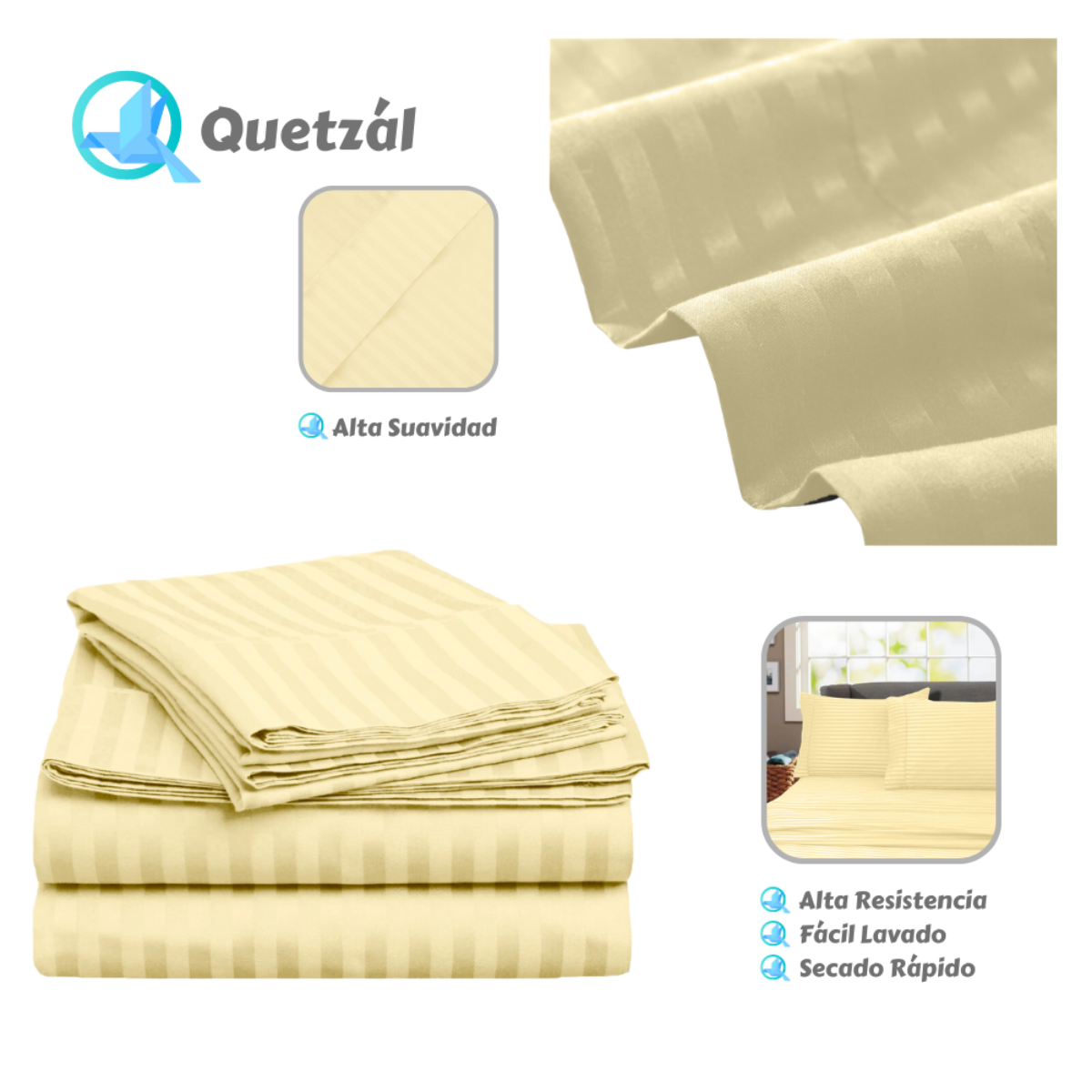 Juego de Sábanas de Microfibra Suave Quetzal -Satinado -Individual -Hueso.