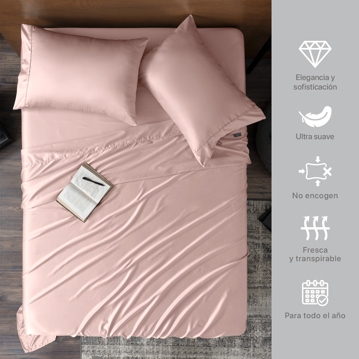 Sábanas de Satín Matrimonial Tipo Seda Suave y Lujosa Con Fundas Rosa Real Textil.