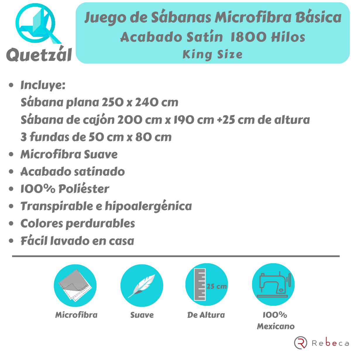 Juego de Sábanas de Microfibra Suave Quetzal -Satinado -King Size -Cielo.