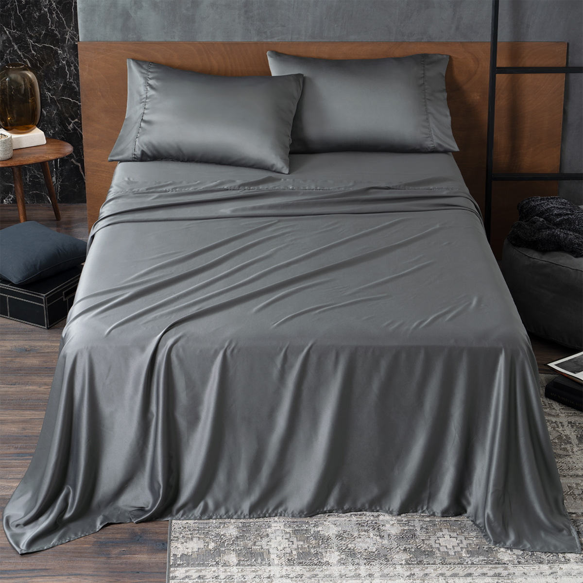 Sábanas de Satín King Size Tipo Seda Suave y Lujosa Con Fundas Gris Real Textil.