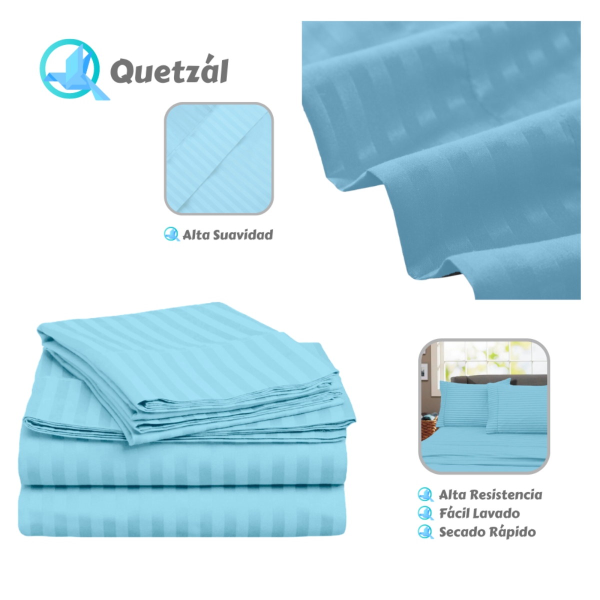Juego de Sábanas de Microfibra Suave Quetzal -Satinado -King Size -Cielo.