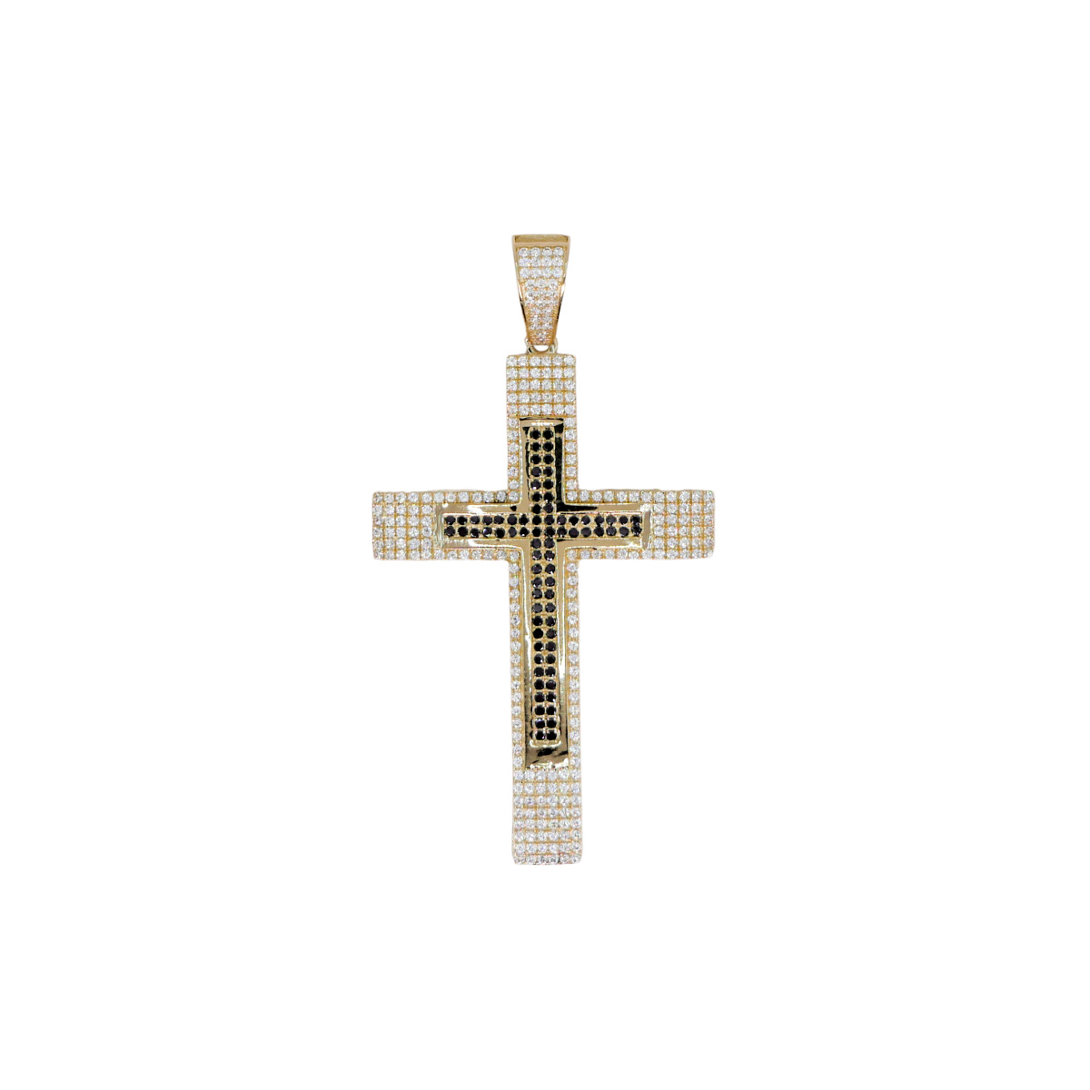 Dije Cruz de Oro 10k con piedra zirconia negra y blanca.
