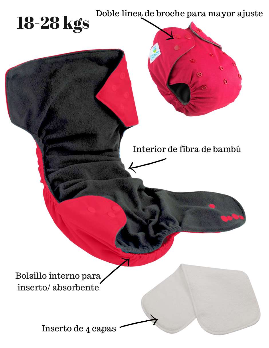5 Pañales ecológicos de bambù grandes 18-28 kgs + 10 insertos de 4 capas 