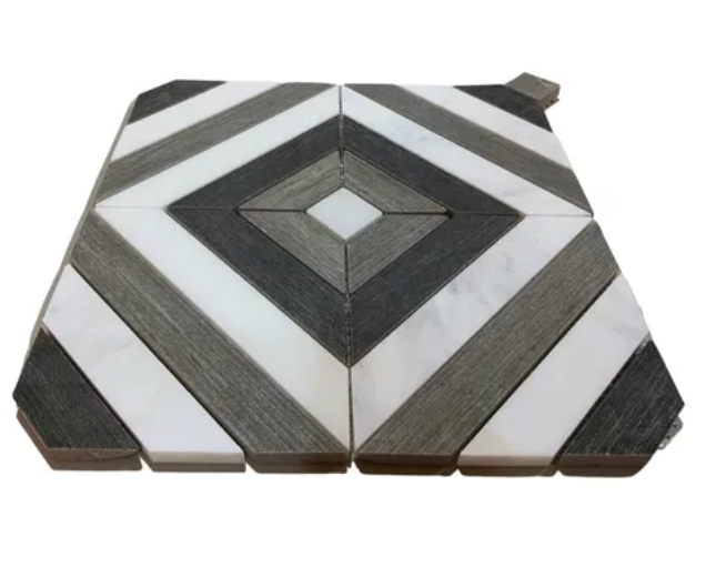 Malla o Mosaico Decorativo de Mármol TRA medida 30x30 Cms (base por altura) Color gris y blanco con diseño en rombos.  Caja de 5 piezas.