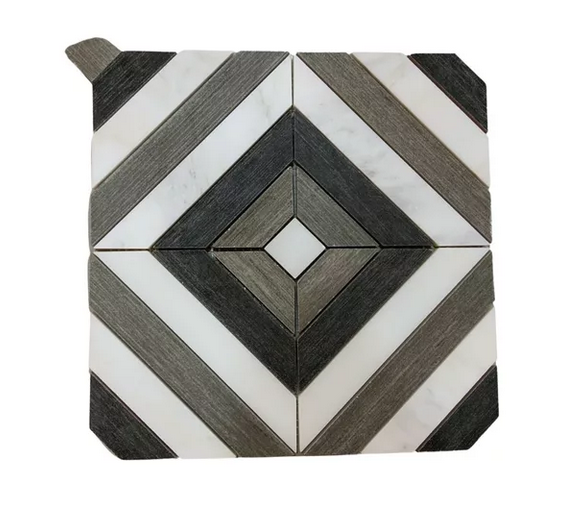 Malla o Mosaico Decorativo de Mármol TRA medida 30x30 Cms (base por altura) Color gris y blanco con diseño en rombos.  Caja de 5 piezas.
