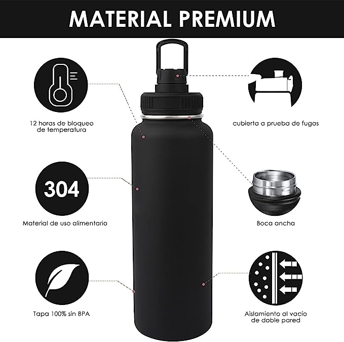 1100ML Botella Térmica，Hisemy Termo de Acero Inoxidable sin BPA，100% a prueba de fugas, aislamiento de doble pared