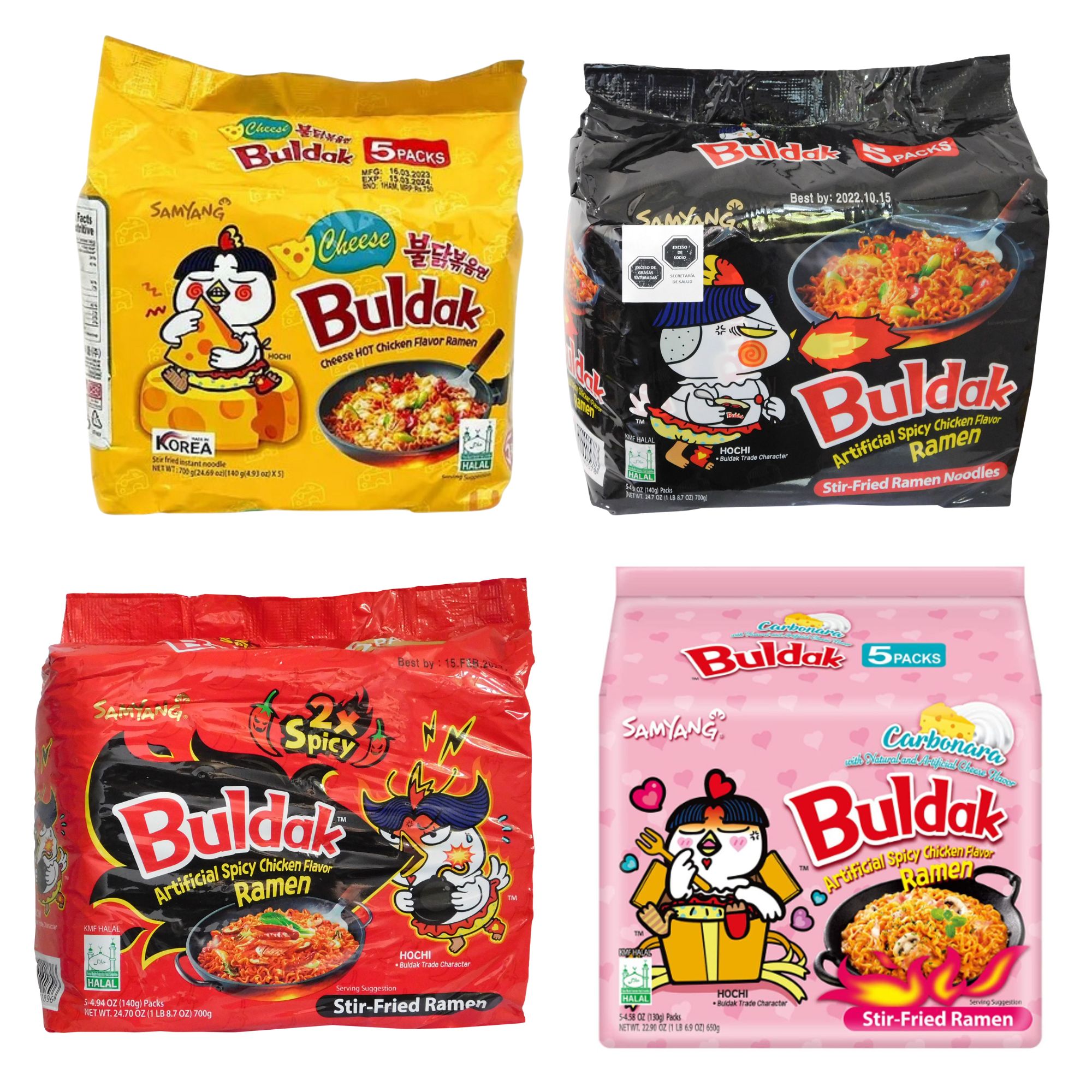Sopa Instantánea Ramen Coreana Buldak Surtidos 1 Caja de 20 Piezas Carbonara Queso Original y Doble Picante.