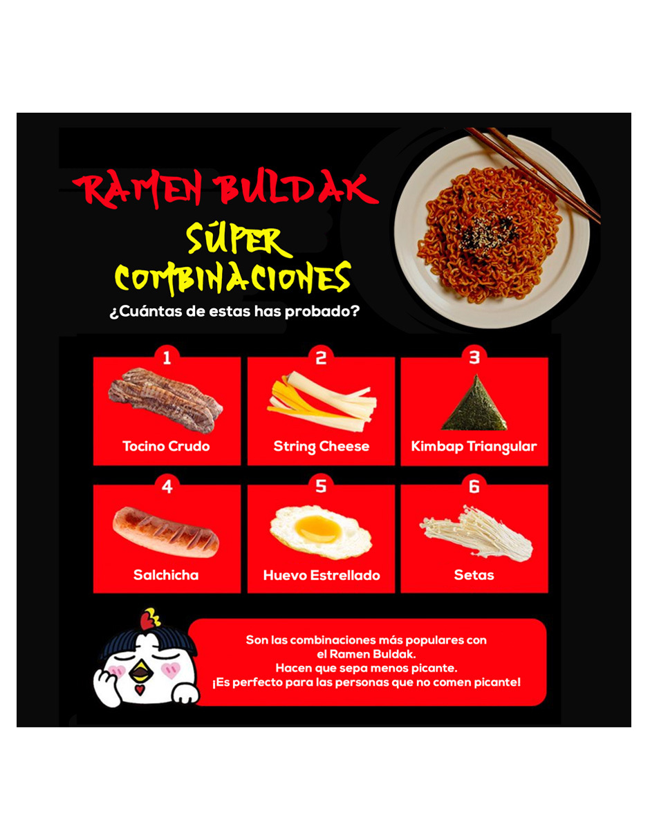 Sopa Instantánea Ramen Coreana Buldak Surtidos 10 Piezas Carbonara y Queso.