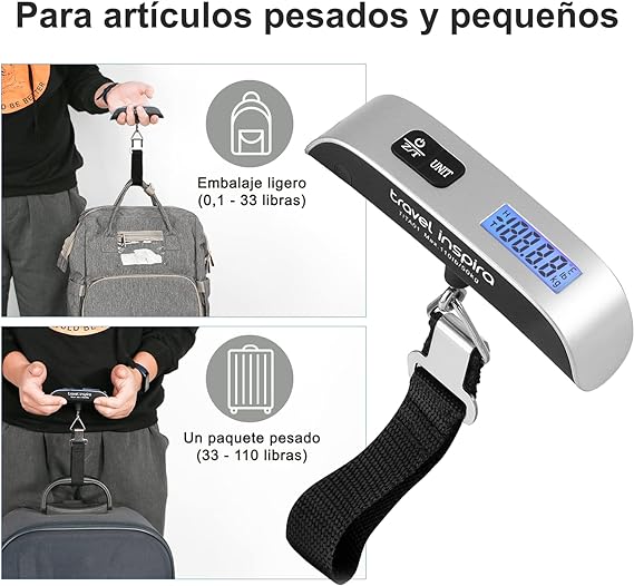 Báscula de Equipaje Digital Portátil ''travel Inspira''- Básculas Para Maletas Capacidad de 110lb/50kg con Acabado de Pintura de Goma, Batería Incluida - Perfecta Para Viajes y Pesar Maletas y Bolsos.