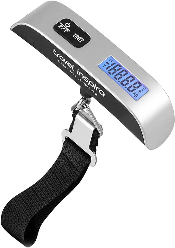 Báscula de Equipaje Digital Portátil ''travel Inspira''- Básculas Para Maletas Capacidad de 110lb/50kg con Acabado de Pintura de Goma, Batería Incluida - Perfecta Para Viajes y Pesar Maletas y Bolsos.