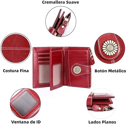 A Cartera para Mujer de Piel, con Bloqueo RFID, Billetera Pequeño con Cremallera, Monedero de Dama Minimalista, Tarjetero Moda de Gran Capacidad, Regalos para Chicas y Mujeres (Rojo).