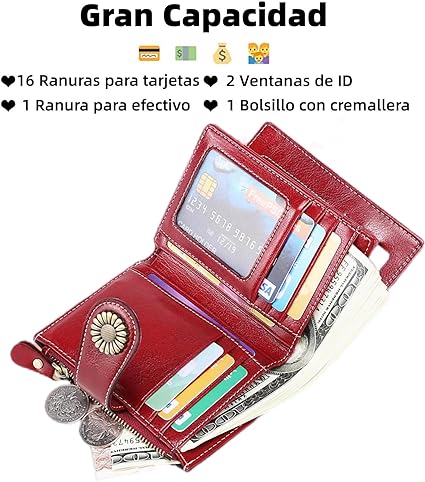A Cartera para Mujer de Piel, con Bloqueo RFID, Billetera Pequeño con Cremallera, Monedero de Dama Minimalista, Tarjetero Moda de Gran Capacidad, Regalos para Chicas y Mujeres (Rojo).