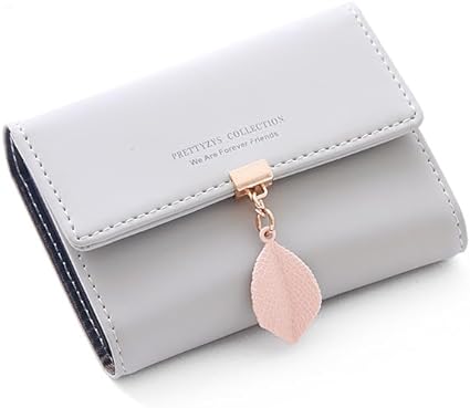 A Cartera Para Mujer, Tarjeteros Para Mujer, Monedero Pequeño Con Bloqueo Rfid, Cartera Dama Con Hoja Adorno Colgante Chica Niña Para Regalo Gris.